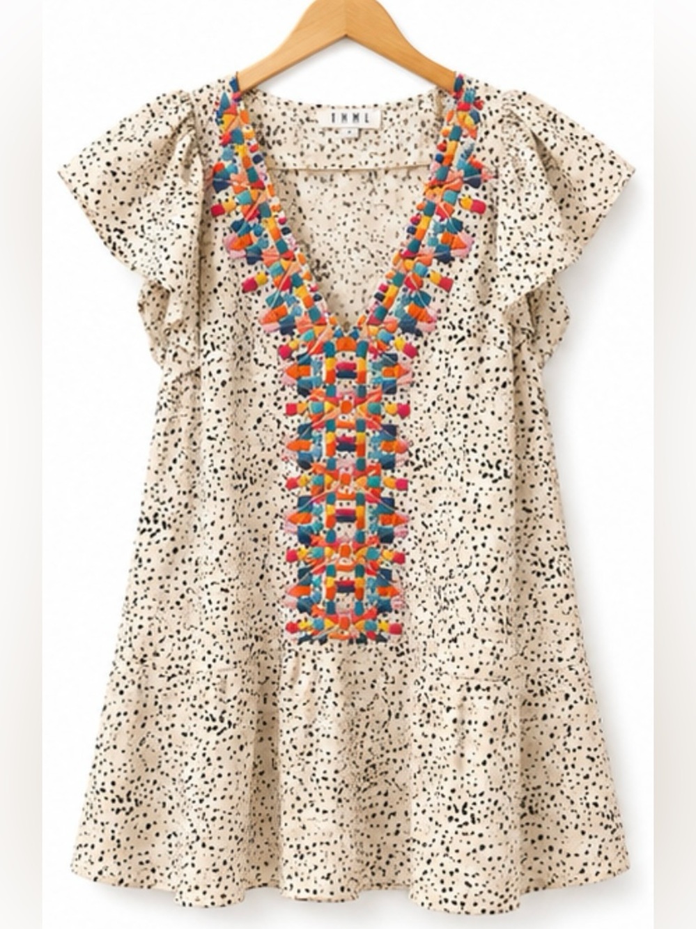 THML Embroidered Boho Blouse Top Small Ivory Flutter Sleeve V-Neck